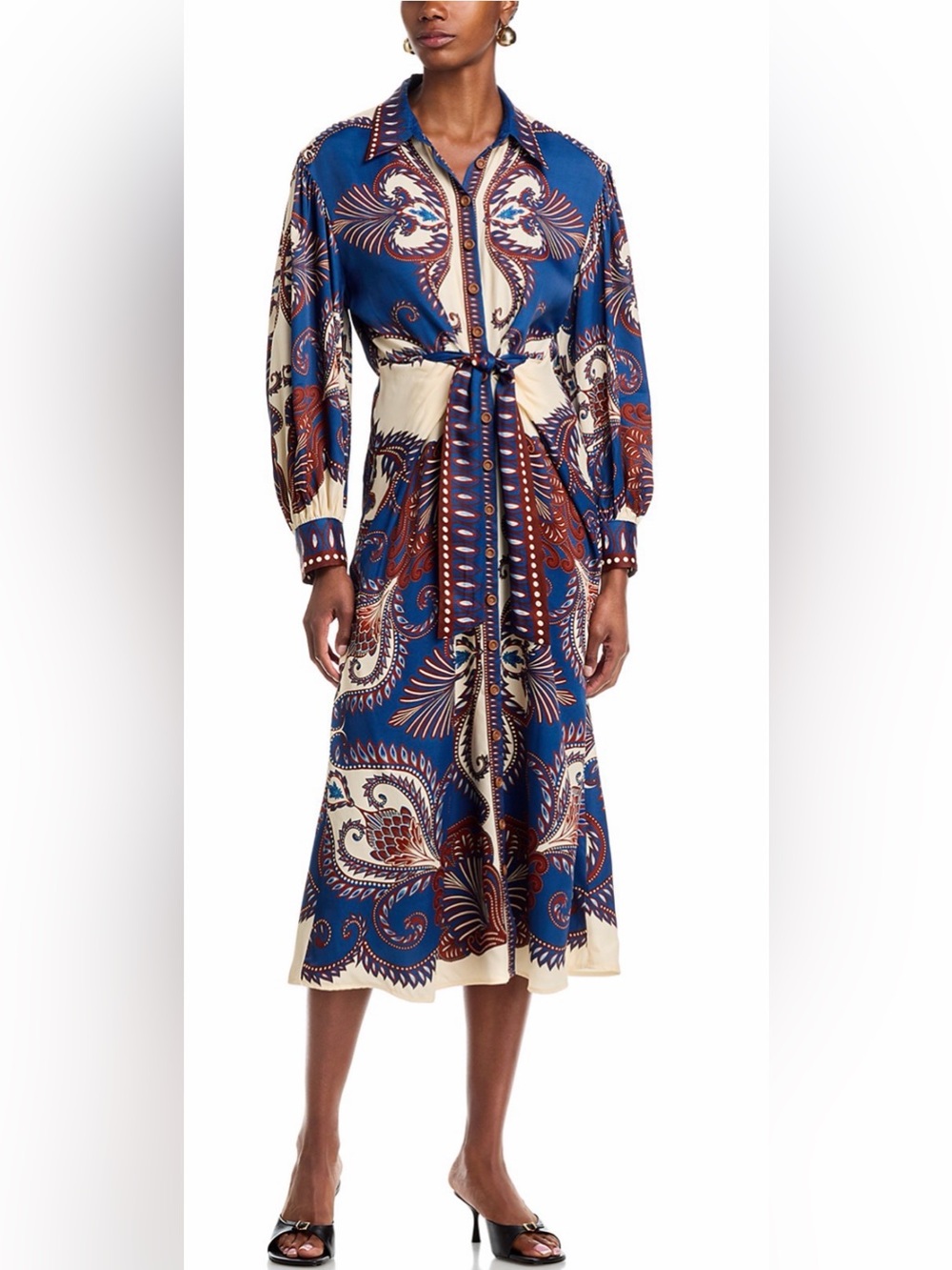 FARM RIO Arabesque Scarf Midi Dress in Blue, Cream and Brown - Picture 2 of 10